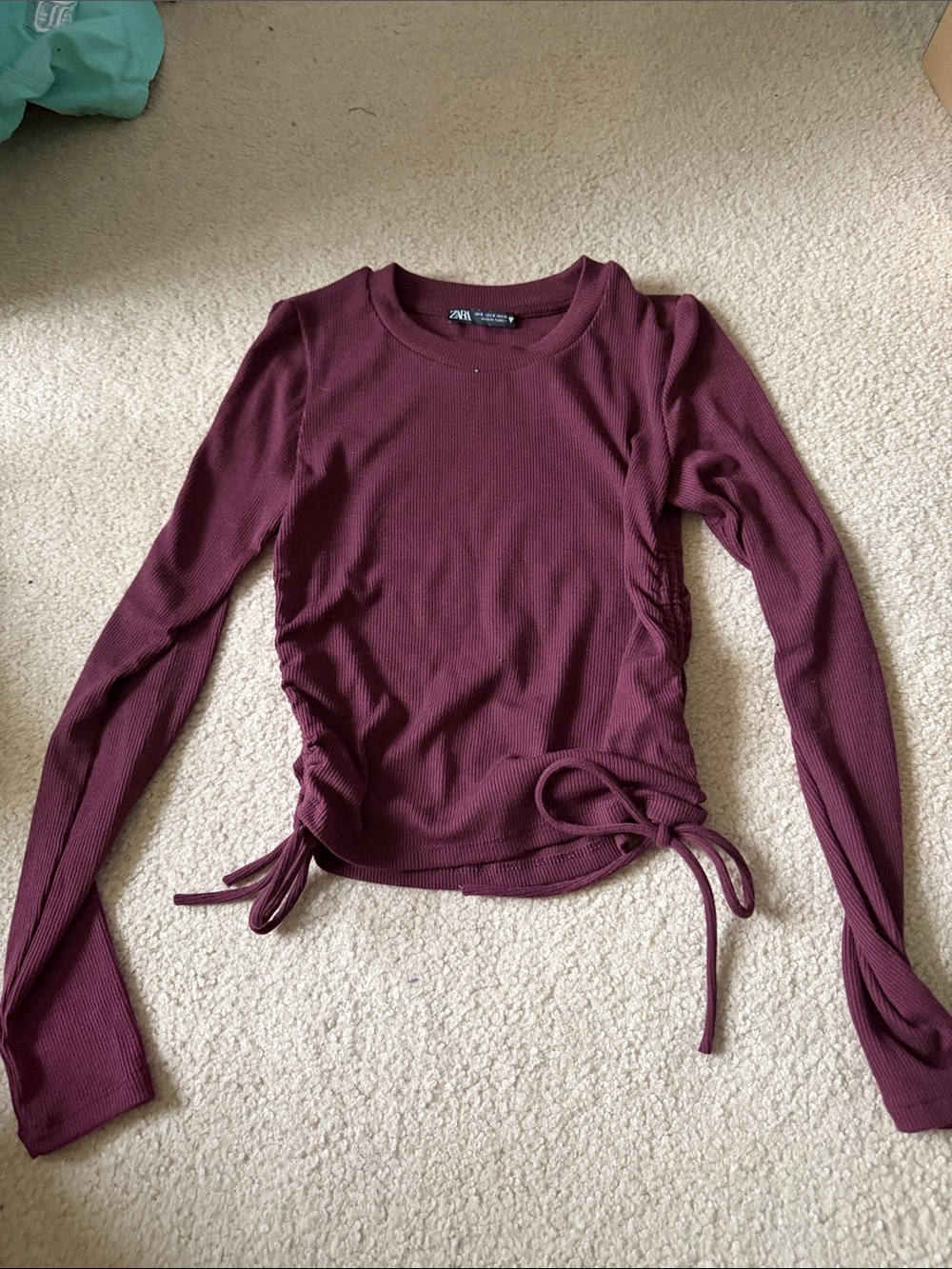 ZARA Burgundy Ribbed Long-Sleeve Side-Tie Top